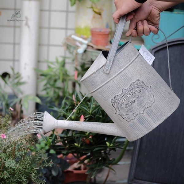 Arrosoir en zinc aux motifs fleuris pour l'extérieur