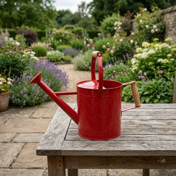 Arrosoir rouge en métal, design élégant et pratique