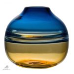 Vase design en verre, teintes ambrées et bleues